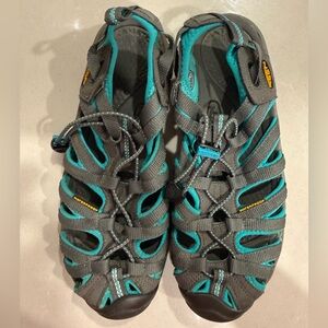 Keen woman’s 7.5 Outdoor Sandals in Gray and Teal